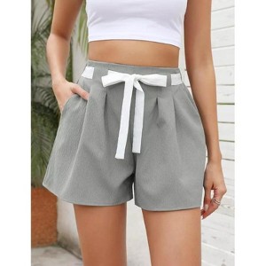 Womens High Waisted Pleated Tie Waist Casual Shorts Elastic Waist Wide Leg Shorts - 1 of 4