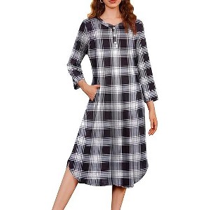 Ekouaer Womens Long Nightgowns Plaid Sleepwear Soft Loose Nightshirt 3/4 Sleeve Plus Size Housecoat with Button & Pockets - 1 of 4