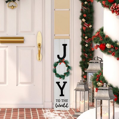 Joy to the World White-Washed Wooden Christmas Porch Sign with Wreath
