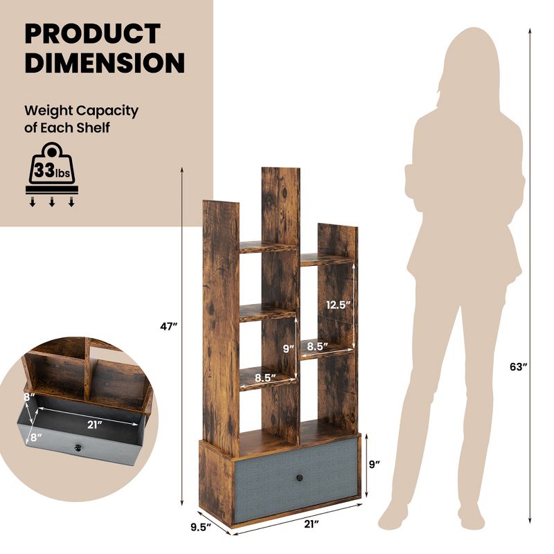 Costway Industrial Bookshelf Rustic Wooden Shelf Organizer with Non-woven Fabric Drawer, 3 of 11