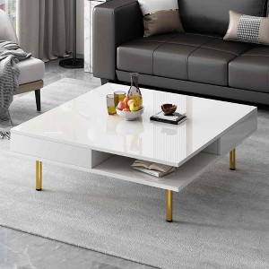 Lirago Modern High Gloss Coffee Table with 4 Golden Legs and 2 Hidden Drawers 2 Tier Square Living Room Center Table White - 1 of 4