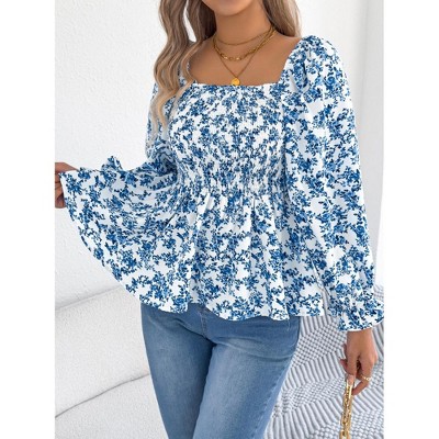 Women Tops Square Neck Flutter Sleeve Floral Print Chiffon Top Blue L
