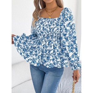 Women Tops Square Neck Flutter Sleeve Floral Print Chiffon Top Blue M - 1 of 4