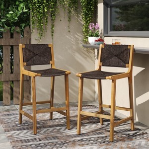 Christopher Knight Home Karolyn Outdoor Rustic Acacia Wood and Rattan Armless Bar Stools (Set of 2) - 1 of 4