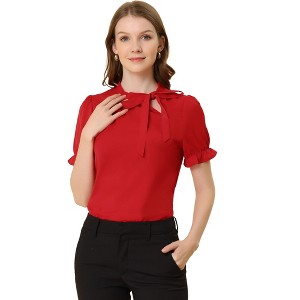 INSPIRE CHIC Women's Bow Tie Neck Solid Color Elastic Cuffs Elegant Office Short Sleeve Blouse - 1 of 4