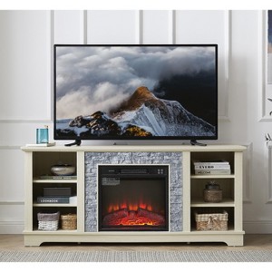 VYNXARIA White Faux Stacked Stone TV Media Stand with 18" Fireplace Insert and Open Storage - 1 of 4