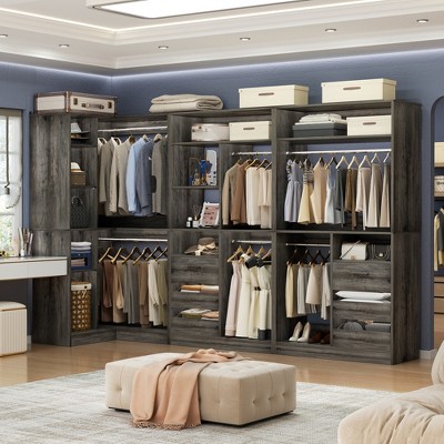 Aheaplus 72"-108" Closet System with Drawers and Hanging Rods, Freestanding Walk-in Closet Organizer System