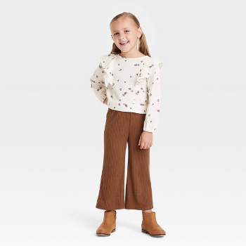 Grayson Collective Toddler Girls' Long Sleeve Ruffle Top & Wide Leg Pants Set - Dark Brown/White 2T