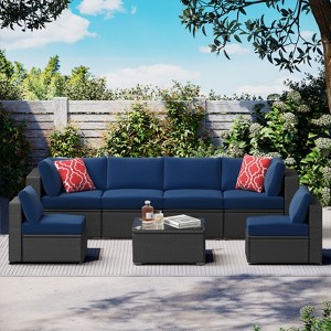 ELJGET Patio Furniture Set, 7 PCS Wicker Outdoor Conversation Set with Coffee Table for Backyard, Poolside, Garden, Navy Blue Cushions - 1 of 4