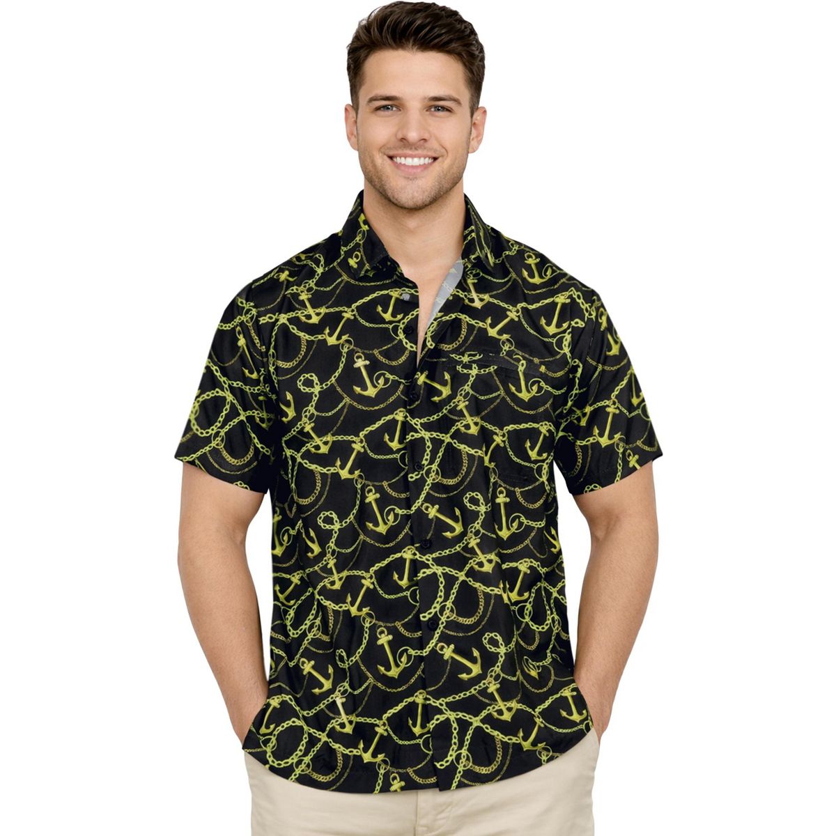 LA LEELA Men's Hawaiian Short Sleeve Button Down Shirt Mens Casual Shirts Holiday Tropical Beach Summer Party Shirts for Men Funny 5XL Black, Anchors