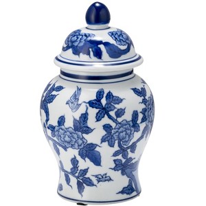 Sagebrook Home 8" Temple Jar with Lid - Ceramic White and Blue Chinoiserie Floral Stoneware for Home, Office - 1 of 4