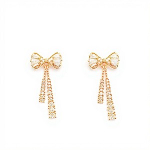 Anna-Kaci Elegant Bow Drop Earrings with Sparkling Tapered Accents and Delicate Dangling Strands for a Refined Feminine Statement Look - Gold - 1 of 4