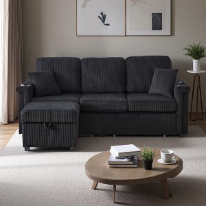 76" Corduroy L-Shaped Sectional Sofa with Pull-Out Storage & USB - 1 of 4