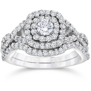 Pompeii3 1 1/10ct Cushion Diamond Halo Engagement Ring Set 10K White Gold - 1 of 4