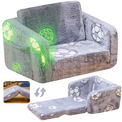Hooseng Toddler Couch, 2-in-1 Glow-in-The-Dark Plush Kids Fold-Out Sofa, Convertible Kids Sofa to Lounger with Straight Armrests for Boys & Girls