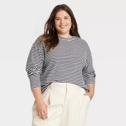 Women's Plus Size Long Sleeve T-Shirt - A New Day™ Navy Striped 4X
