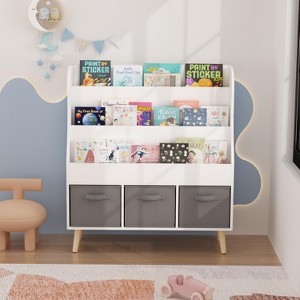 CAVINAS Kids Bookshelf with 3 Fabric Storage Bins,Wooden Bookcase with Front-Facing Display,Book Shelf Organizer for Nursery&Playroom,White - 1 of 4