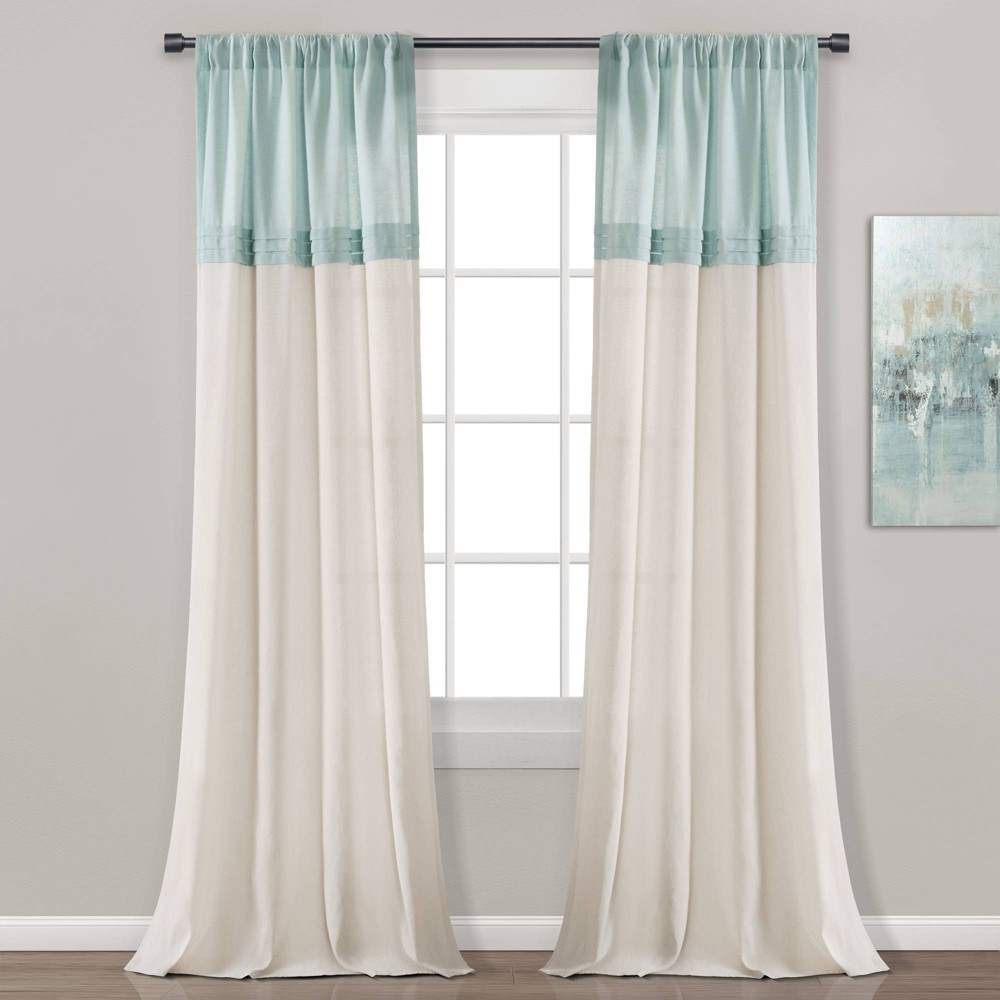 Photos - Curtains & Drapes 95"x40" Farmhouse Faux Linen Pleated Window Curtain Panels Blue - Lush Déc