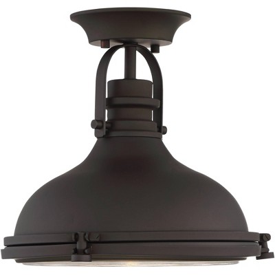Bronze Dome 14" Industrial Semi-Flush Mount with Clear Ribbed Glass