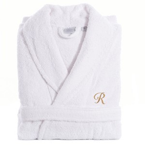 Linum Home Textiles 100% Turkish Cotton Unisex Personalized Terry Bathrobe White in Gold Script Font - 1 of 2