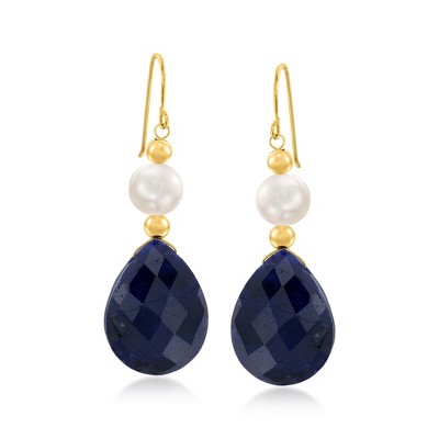 Ross-Simons 20.00 ct. t.w. Sapphire and Cultured Pearl Earrings in 14kt Yellow Gold