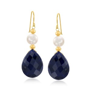 Ross-Simons 20.00 ct. t.w. Sapphire and Cultured Pearl Earrings in 14kt Yellow Gold - 1 of 4