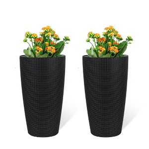 NAYSAYE Planter Set of 2 Faux Rattan Tall Planter with Automatic Watering System for Indoor Outdoor Garden, Black, 12.8"*12.8"*22.17" - 1 of 4