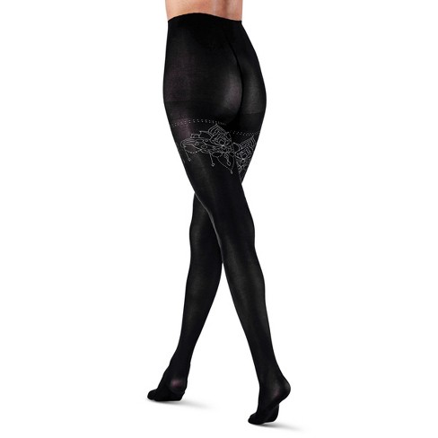 LECHERY Women's Lace Print Tights (1 Pair) - L/Xl, Black