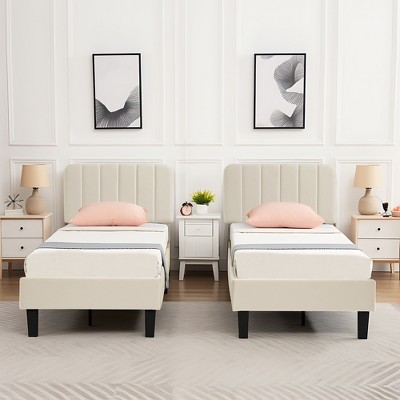VECELO Upholstered Bed Frame with Adjustable Velvet Headboard, Wooden Slats Support, Bed Frame Beige Twin Bed Set of 2