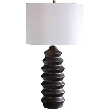 Uttermost Modern Table Lamp 30" Tall Black Stain Carved Wood White Linen Drum Shade for Living Room Bedroom House Bedside