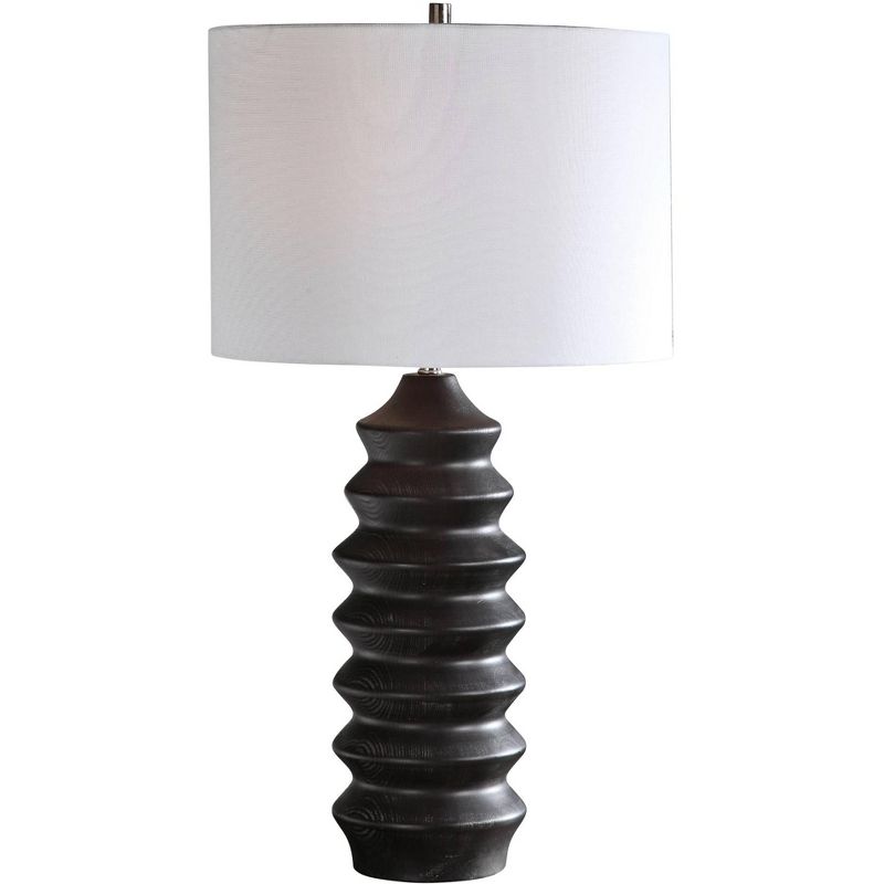 Uttermost Modern Table Lamp 30" Tall Black Stain Carved Wood White Linen Drum Shade for Living Room Bedroom House Bedside, 1 of 2