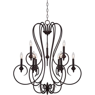 Franklin Iron Works Bronze Chandelier 30 1/2" Wide Rustic Curved Scroll 9-Light Fixture Dining Room House Foyer Kitchen Entryway