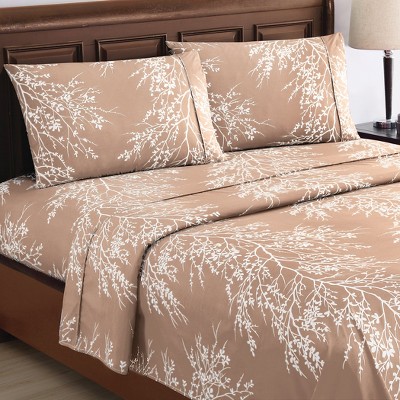 Taupe Floral Queen Size Microfiber Polyester Bed Sheet Set