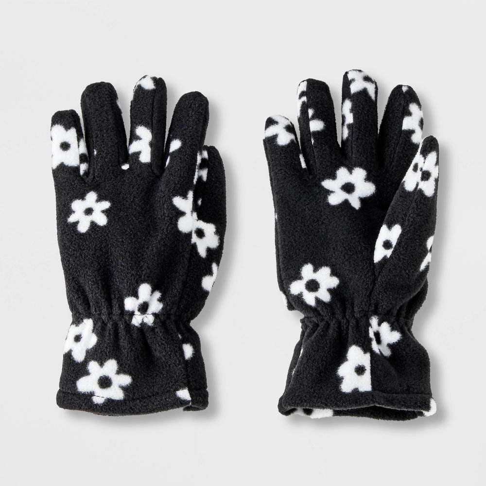 Girls' Fleece Floral Print Regular Gloves - Cat & Jack™ Black 4-7