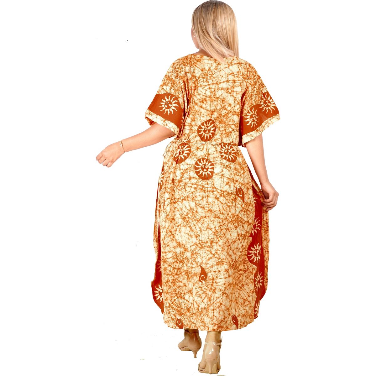 LA LEELA Summer Cotton Relaxed Fit Caftan Dress for Women Resortwear Cruise Vacation Holiday Pregnancy Wear 2X-3X Orange Sun - thumbnail 2