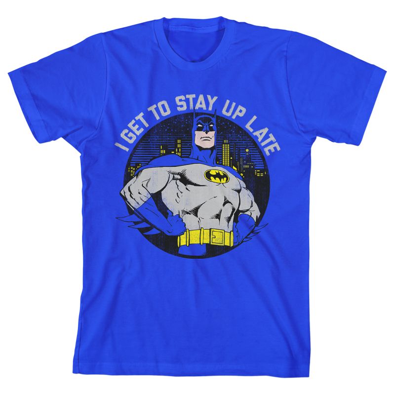 Batman I Get To Stay Up Late Youth Royal Blue Graphic Tee, 1 of 3