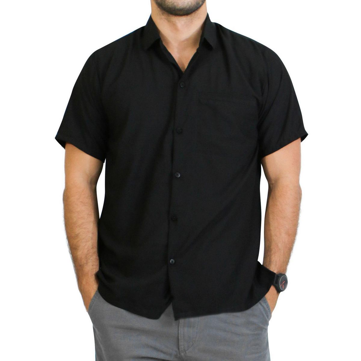 HAPPY BAY Mens Short Sleeve Button Down Casual Camp Beach Shirts Business Dress Shirts for Men Vacation Solid Shirts with Pocket 7XL, Black, Plain - thumbnail 2
