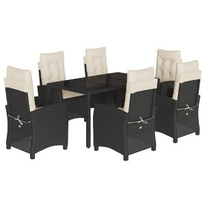 vidaXL 7 Piece Patio Dining Set with Cushions - Black Poly Rattan Outdoor Furniture with Reclining Chairs and Tempered Glass Tabletop - 1 of 4
