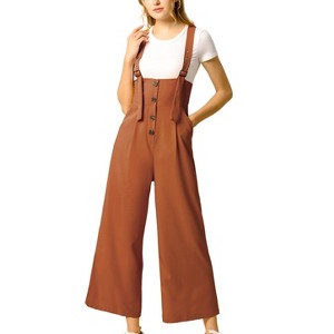 Allegra K Women's High Waist Wide Leg Belted Button Long Overalls Jumpsuit - 1 of 4