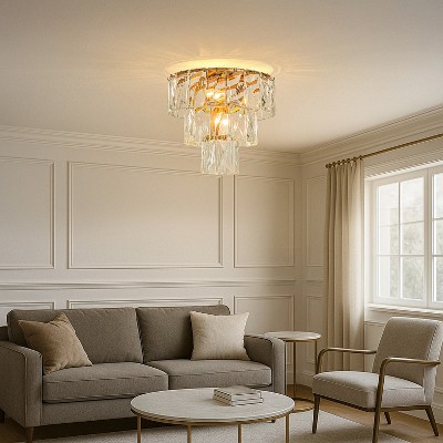 ALOADECOR 18'' 4-Light Mid-Century Modern Glam Antique Gold Crystal Tiered Flush Mount Luxury Ceiling light For Foyer and Entryway