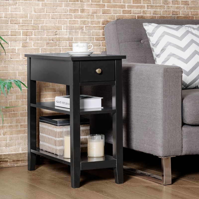 3Tier Nightstand Bedside Table Sofa Side End Table w/Double Shelves Drawer Black, 3 of 11