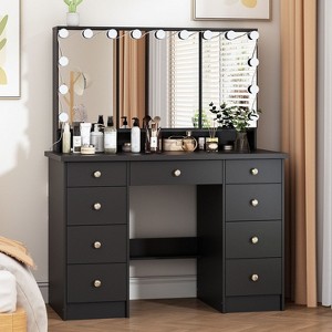 Famapy 43"W Large Vanity Table 9-Drawer Vanity Set with Crystal Pulls and Versatile Mirror Lighting - 1 of 4