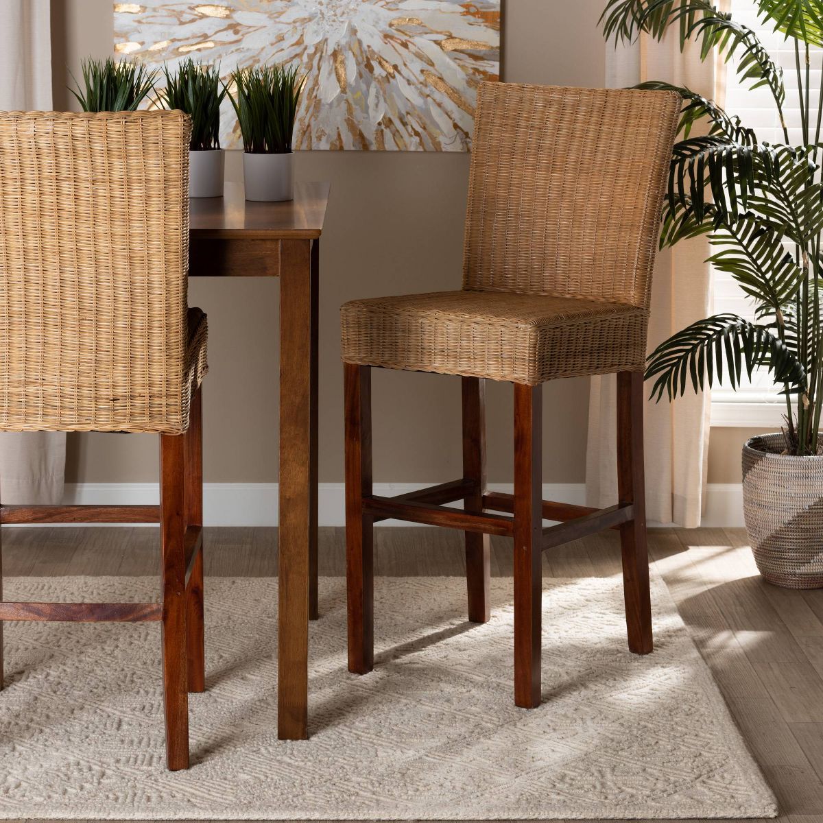 Racquel Natural Rattan & Mahogany Wood Barstool: Ergonomic, No Assembly - bali & pari - thumbnail 3