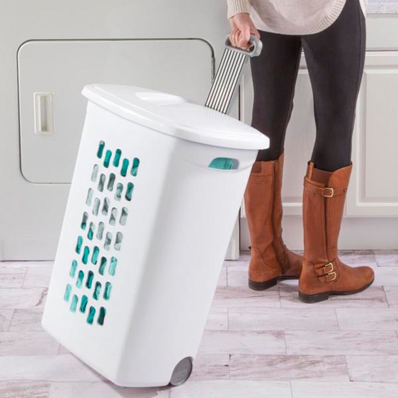 Sterilite Ultra Wheeled Laundry Hamper with Lid, Handle and Wheels for Easy Rolling of Clothes to and from the Laundry Room, Plastic, White, 9-Pack, 4 of 7