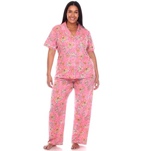 Women s Plus Size Short Sleeve Top and Pants Pajama Set Pink 1X White Mark