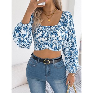 Women's Summer Blouse Floral Long Sleeve Cut Out Bowknot Back Beach Going Out Tops - 1 of 4