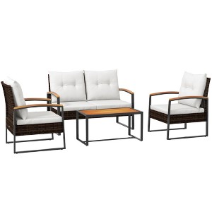 Outsunny 4 Piece Patio Furniture Set with Cushions, Sofa, Chair, Wood Coffee Table, White - 1 of 4