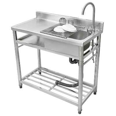 Fortune Candy 39.3" Stainless Steel Kitchen Sink with Faucet - Free Standing Single Bowl Commercial Sink Set, Strainer & Shelf for Indoor/Outdoor
