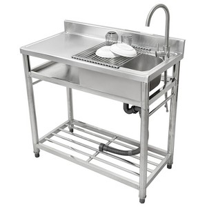 Fortune Candy 39.3" Stainless Steel Kitchen Sink with Faucet - Free Standing Single Bowl Commercial Sink Set, Strainer & Shelf for Indoor/Outdoor - 1 of 4