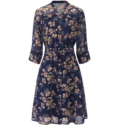 Hobemty Women's V-Neck 3/4 Sleeve Tie Waist Button-Down Floral Chiffon Dress